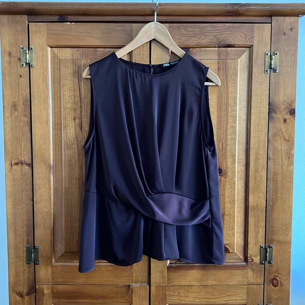 Zara burgundy, sleeveless drape front blouse,  size small